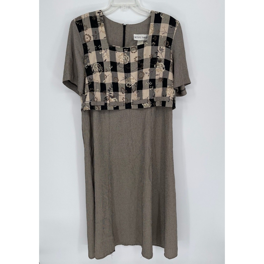 Betsy's Things Vintage Women's Brown Plaid Floral Mixed Print Midi Dress Size 14